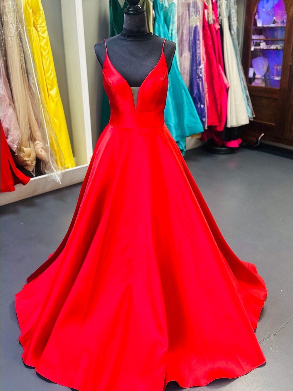 madison james Red Satin Plunge Ball Gown